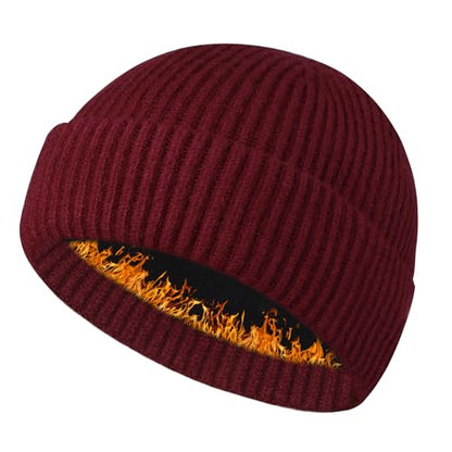 Heniho Wool Fleece Lined Fisherman Beanie for Men, Winter Warm Hats Cuffed Knit Watch Cap Trawler Hat - color: 1pack F- Wine Red