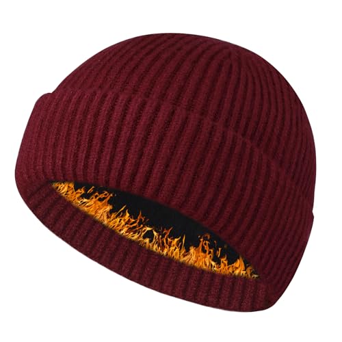Heniho Wool Fleece Lined Fisherman Beanie for Men, Winter Warm Hats Cuffed Knit Watch Cap Trawler Hat - color: 1pack F- Wine Red