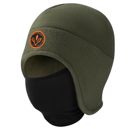 BASSDASH Unisex Soft Fleece 2-in-1 Hat with Mask Ear Flap - color: Army Green