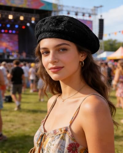 Women Lightweight Beret Floral Hollow Out Hat Breathable French Beret Beanie Hat Cap for Spring Summer - color: Black Lace 1#
