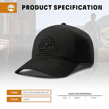 Timberland Soundview Baseball Cap for Boys 7-14, Cotton Canvas, Adjustable, Lightweight & Durable, One Size - color: Black