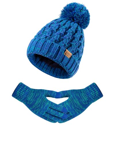 Women Winter Beanie Hat Gloves Set Pom Hat with Warm Fleece Lined Touchscreen Gloves for Cold Weather - color: Deep Blue