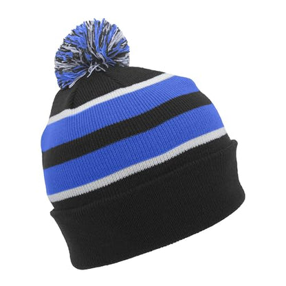 Pacific Headwear Unisex Adult Pacific Headwear Knit Fold Over Pom-pom Beanie - color: Black/Royal/White, size: One Size