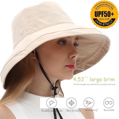 vidsel Womens Sun Hats Wide Brim Reversible Bucket Cotton Hat with Hat Clip - color: Medium-beige1, size: Medium