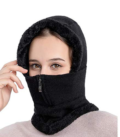 Women Winter Fleece Lined Balaclava Windproof Warm Knit Full Cover Hooded Cap - color: Black