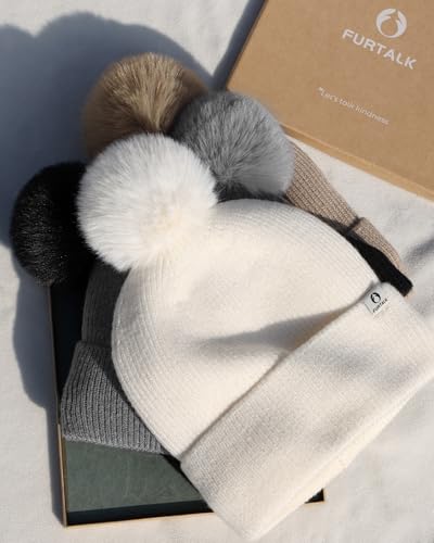 FURTALK Pom Pom Winter Hats for Women Fleece Lined Slouchy Warm Beanie Skull Cap - color: Beige