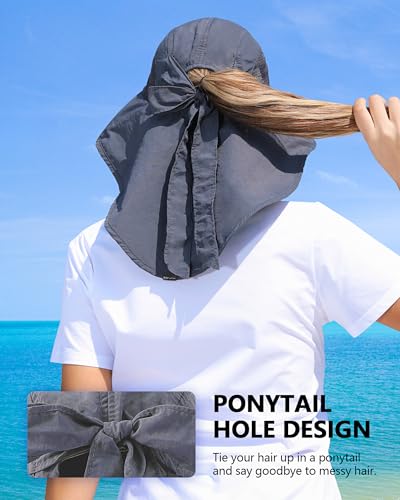Womens Sun Hat Outdoor UV Protection Wide Brim Fishing Hat with Ponytail Hole Neck Flap for Beach Hiking Camping - color: Sun Hat-dark Grey