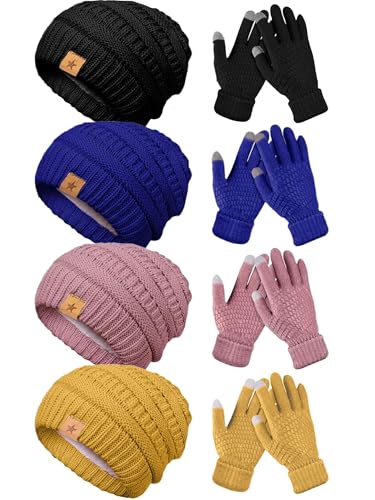 JaGely 8 Pieces Women Winter Hats and Gloves Set Women Warm Touchscreen Knitted Lined Gloves Winter Beanies - color: Black,turmeric,medium Pink,blove