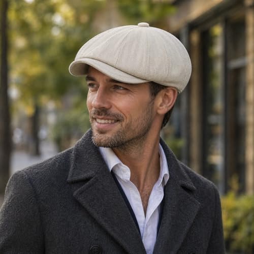 DIYDECAL Mens Newsboy Cap 8 Panel,Cotton Blend Flat Ivy Gatsby Cabbie Golf Hat - color: Beige