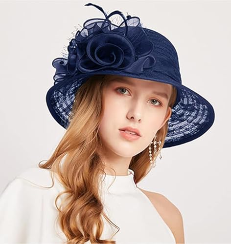 Organza Fascinator Hat - Women’s Wide Brim Church Bridal Tea Party Wedding Hat - color: 03-dark Blue