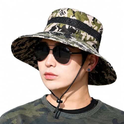 Camo Bucket Sun Hat with Mesh Band and Chin Strap, Wide Brim Boonie Hat for Outdoor Activities - color: Woodland White Camo