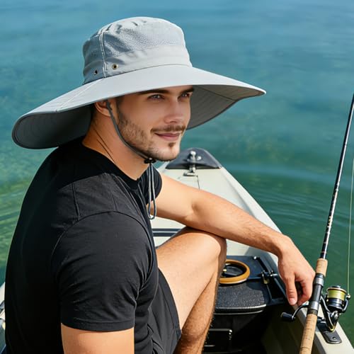 Men's Wide Brim Sun Hat-UPF 50+ Protection,Waterproof Bucket Hat for Fishing, Hiking, Camping,Breathable Nylon & Mesh - color: Light Grey, size: X-Large