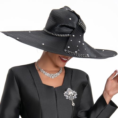 Women's Dramatic Giant Wide Brim Rhinestone Church Hat Statement Turban Fascinator for Wedding Chapel Baptist Sunday - color: 16-black