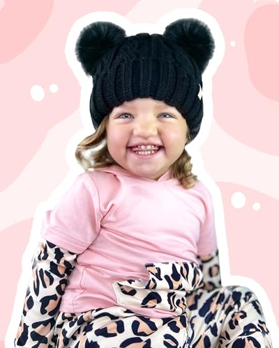 FURTALK Toddler Winter Hat Knit Beanie Double Faux Fur Pompoms Girls Boys - color: Black, size: 2-6 Years