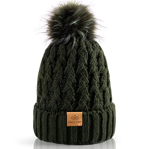 PAGE ONE Womens Winter Ribbed Beanie Crossed Cap Chunky Cable Knit Pompom Soft Warm Hat - color: Dark Green