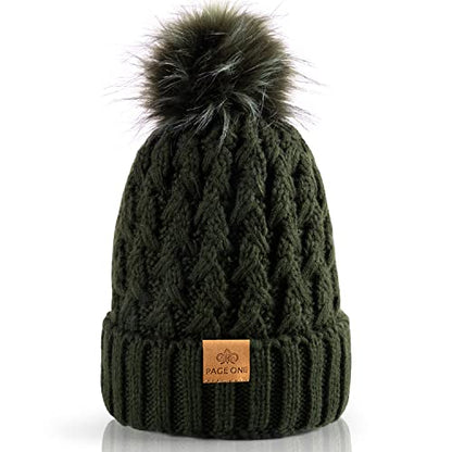 PAGE ONE Womens Winter Ribbed Beanie Crossed Cap Chunky Cable Knit Pompom Soft Warm Hat - color: Dark Green