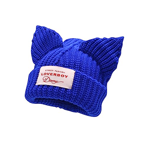 Cat Ear Beanie Y2K Cute Knit Hat with Ears Warm Crochet Hat Skull Cap for Women Men - color: Blue