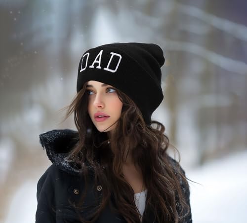 Letter Embroidered Beanie Hat Thanksgiving Gift Cuffed Skull Cap Knit Winter Warm Watch Hats for Women, Men - color: Dad Embroidered Black Hat