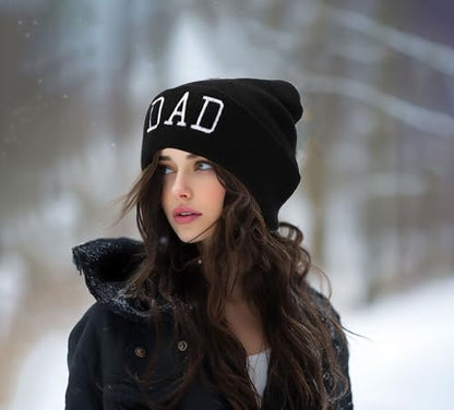 Letter Embroidered Beanie Hat Thanksgiving Gift Cuffed Skull Cap Knit Winter Warm Watch Hats for Women, Men - color: Dad Embroidered Black Hat