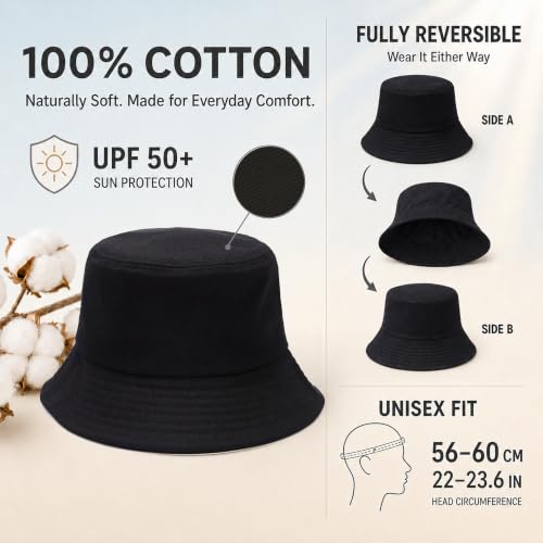 Bucket Hat for Women Men, Reversible Cotton Summer Sun Beach Cap Solid Color Style - color: A-black