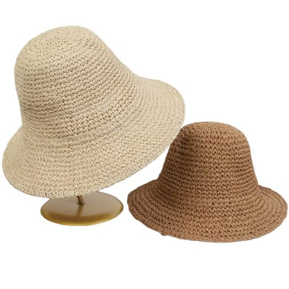 Women Straw Hat Foldable Packable Beach Sun Hats Floppy Handwoven Bucket Hat Summer Sun Protection Cap UPF 50+