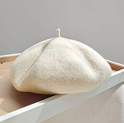 Gllutt Women Wool Beret Hat French Style Solid Color - color: Beige