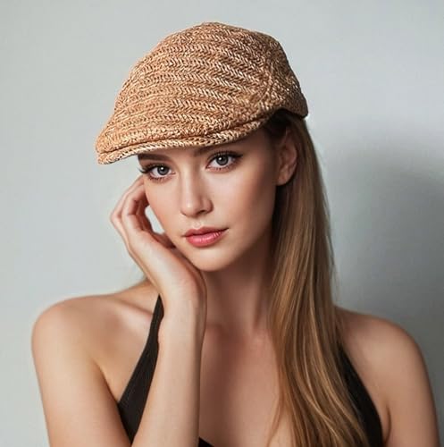 Men Straw Beret Newsboy Hat, Summer Straw Beret Hats for Women, Mesh Adjustable Flat Gatsby Hat Cabbie Ivy Driving Cap