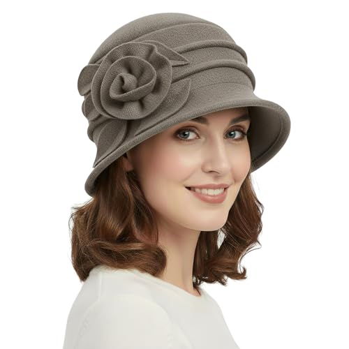 Women Cloche Bucket Hat 1920s Vintage Dress Winter Hats - color: Flower Khaki