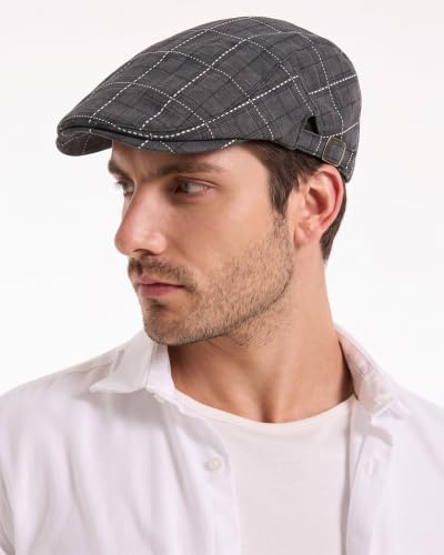 ZLYC Men Cotton Flat Cap Summer Scally Newsboy Beret Driver Hat - color: Plaid Black