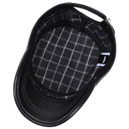 Men's Genuine Leather Cadet Army Caps Military Style Hat Flat Top Cap - color: Black