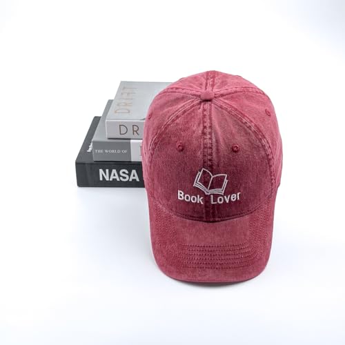 Embroidered Book Lover Baseball Cap for Men Women, Funny Washed Cotton Classic Dad Hat, Reading Lover Gift Idea - color: Book Lover, Wine Red