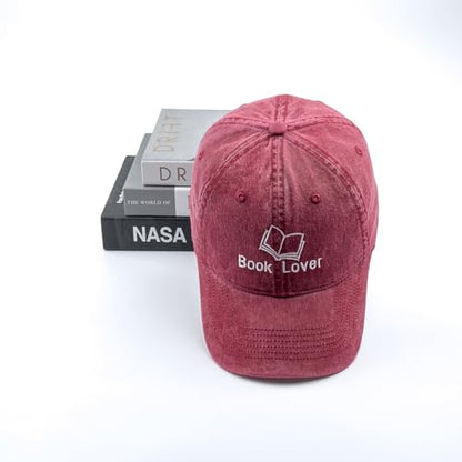 Embroidered Book Lover Baseball Cap for Men Women, Funny Washed Cotton Classic Dad Hat, Reading Lover Gift Idea - color: Book Lover, Wine Red