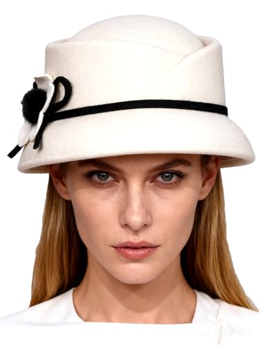 HIMESPORT Women's Wool Felt Fedoras Hat - Elegant Cloche Hats for Wedding,Formal Church,Cocktail,Tea Party with Flower - color: White