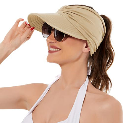 American Trends Wide Brim Visor for Women Lightweight Packable Ponytail Hat - color: Beige