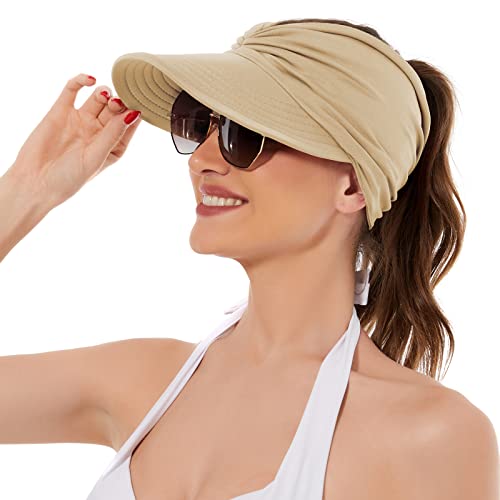 American Trends Wide Brim Visor for Women Lightweight Packable Ponytail Hat - color: Beige