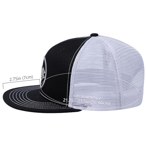 BASSDASH Flat Brim Trucker Cap Adjustable Snapback Hat Mesh Back for Men Women - color: Black and White