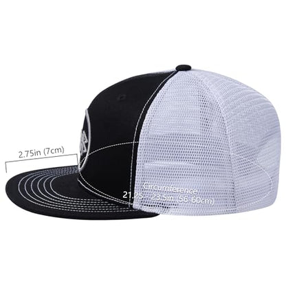BASSDASH Flat Brim Trucker Cap Adjustable Snapback Hat Mesh Back for Men Women - color: Black and White