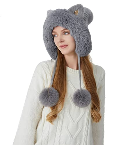 HUAMULAN Women Winter Sherpa Knit Beanie Hat Fleece Lined Ear Flaps - color: Grey Solid