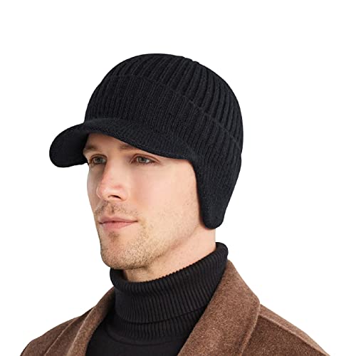 Men's Winter Hat with Brim, Warm Earflaps Hat for Men, Thick Fleece Lined Knit Winter Beanie Outdoor - color: Black