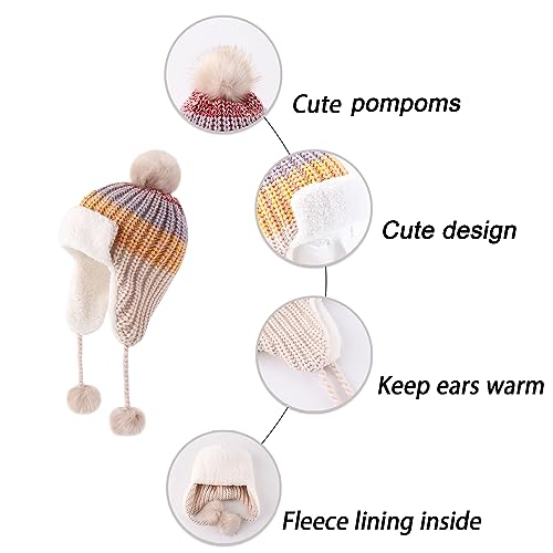 Baby Winter Hat for Girls Toddler Ear Flap Pom Pom Beanies Infant Knit Hat with Fleece Lined - color: Three Goals-colour Mixture Khaki, size: 1-2T