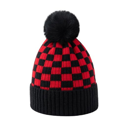 Unisex Classic Checkered Beanie Cuffed Winter Warm Knitted Plaid Hat with Pompom - color: Black Red