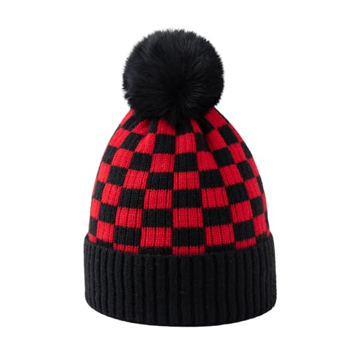 Unisex Classic Checkered Beanie Cuffed Winter Warm Knitted Plaid Hat with Pompom - color: Black Red
