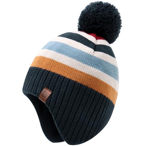 Duoyeree Kids Beanie Dinosaur Pom Pom Knit Winter Hat Fleece Lined for 1-7T - color: Stripes, size: 2-4T