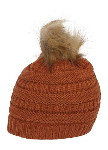 Gravity Threads Cable Knit Faux Fur Pom Pom Beanie Hat - color: Rust