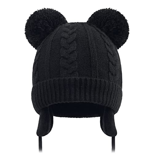 Duoyeree Toddler Winter Hat, Earflap Double Pom Pom Knit Beanie 0-36M - color: Black, size: 12-36 Months