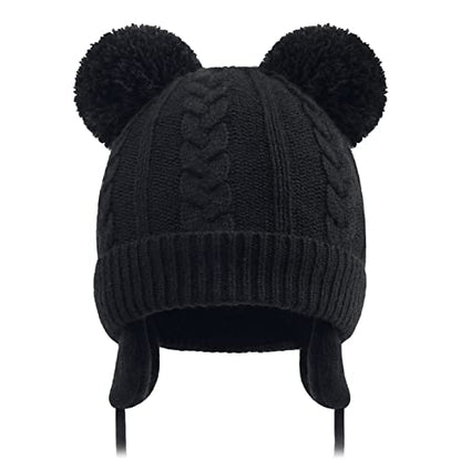 Duoyeree Toddler Winter Hat, Earflap Double Pom Pom Knit Beanie 0-36M - color: Black, size: 6-12 Months