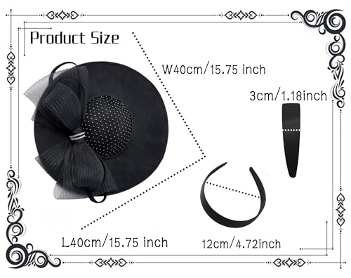 dressfan Wide Brim Fascinator Hats for Women,20s Linen Rhinestones Bow Big Hat for Derby Church Wedding Tea Party - color: Black