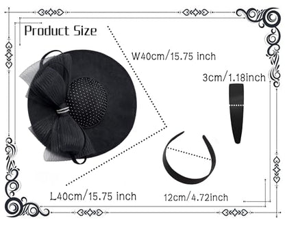 dressfan Wide Brim Fascinator Hats for Women,20s Linen Rhinestones Bow Big Hat for Derby Church Wedding Tea Party - color: Black