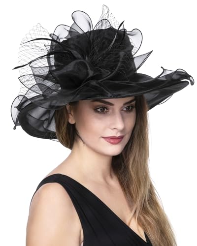 Haojing Women's Organza Church British Fascinator Bridal Tea Party Wedding Hat Summer Ruffles Cap - color: Hj23-black