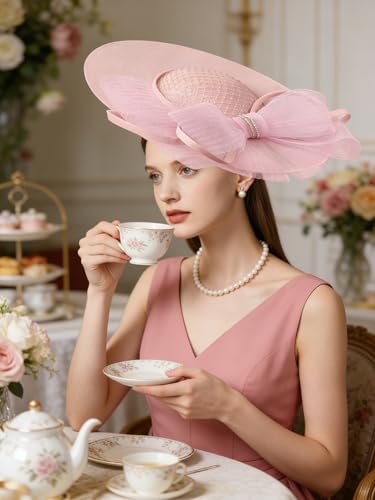 dressfan Wide Brim Fascinator Hats for Women,20s Linen Rhinestones Bow Big Hat for Derby Church Wedding Tea Party - color: Pink
